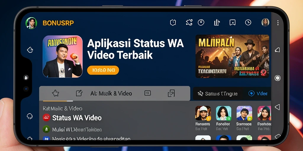 Antarmuka BONUSRP dengan berbagai pilihan Status WA Video.