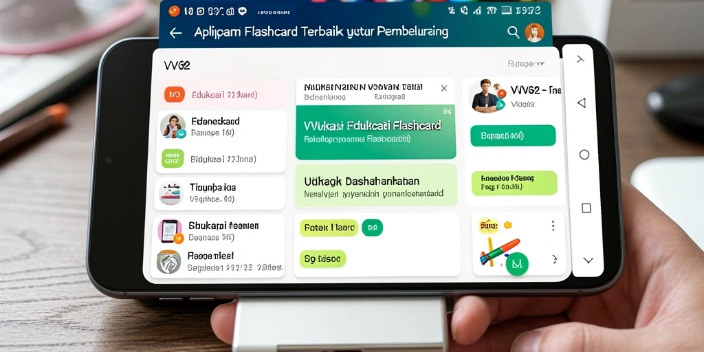 Screenshot antarmuka pengguna VV62 yang menampilkan fungsi Flashcard yang menarik.