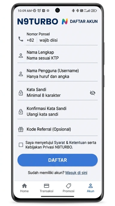 Tampilan halaman daftar n9turbo