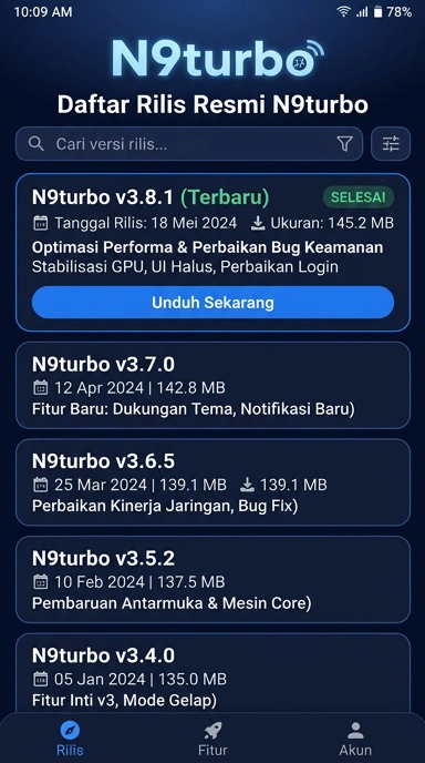 Tampilan riwayat versi n9turbo